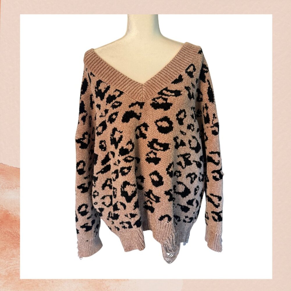 POL Tan Leopard Print Oversized Distressed Sweater